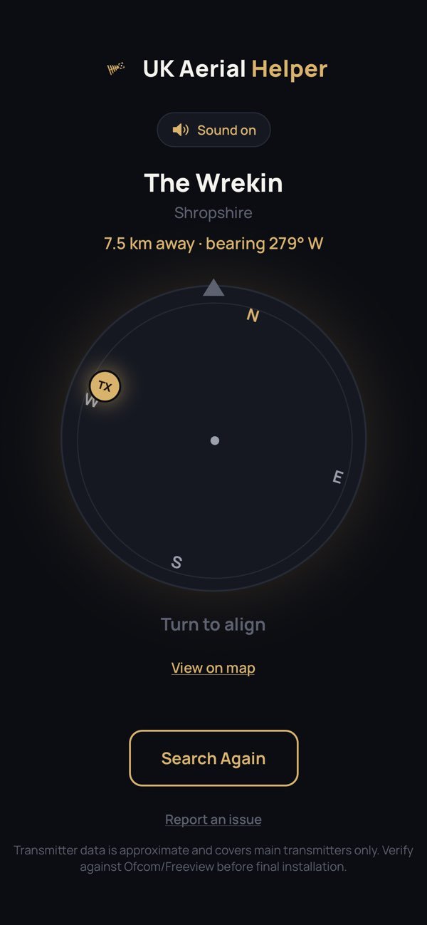UK Aerial Helper compass showing the direction to turn